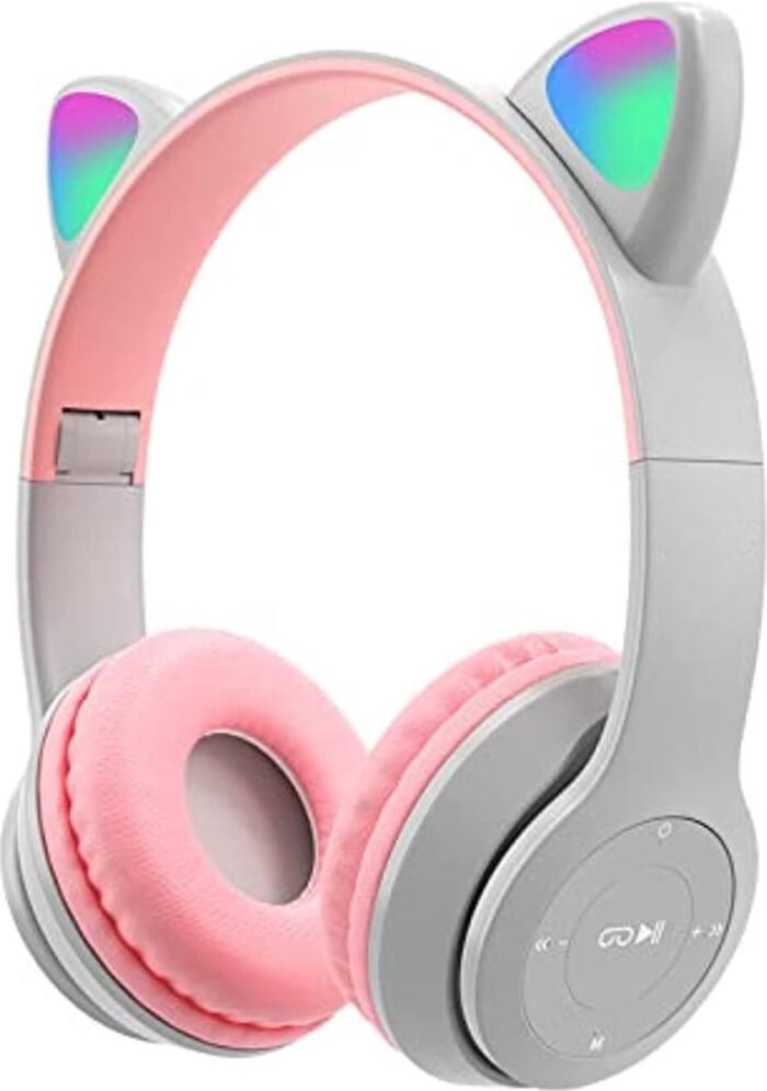 1+1 GRATIS ACTIE! XBOON© Koptelefoon met Katten Oortjes - Draadloze LED Verlichting - Grijs - Kinder koptelefoon - Bluetooth - Snel Laad Functie
