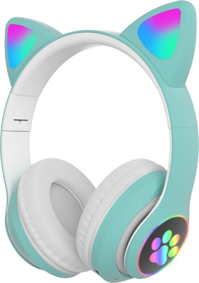 Kinder hoofdtelefoon - cat headphones |Draadloze koptelefoon Bluetooth met led kattenoortjes licht groen | Koptelefoon voor Kinderen - Met Led Kat Oortjes | met verlichting poot