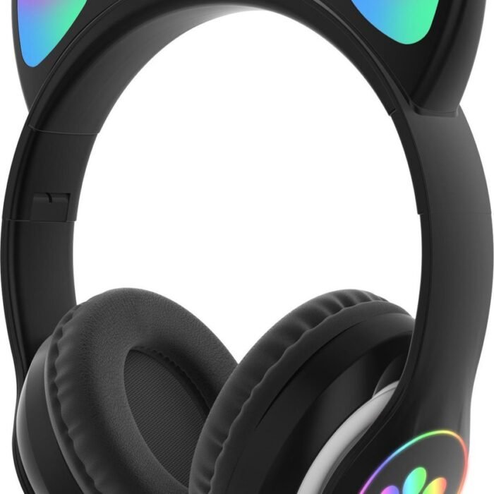 Kinder hoofdtelefoon - cat headphones | Draadloze koptelefoon Bluetooth met led kattenoortjes zwart | Koptelefoon voor Kinderen - Met Led Kat Oortjes | met verlichting poot