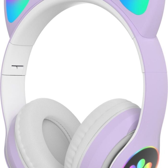 Kinder hoofdtelefoon - cat headphones| Draadloze koptelefoon Bluetooth met led kattenoortjes paars | Koptelefoon voor Kinderen - Met Led Kat Oortjes | met verlichting poot