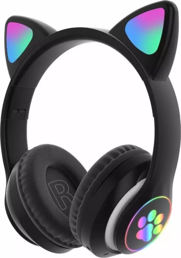 Kinder Hoofdtelefoon-Draadloze Koptelefoon-Kids Headset-Over Ear-Bluetooth-Microfoon-Katten Oortjes-Led Verlichting-Zwart