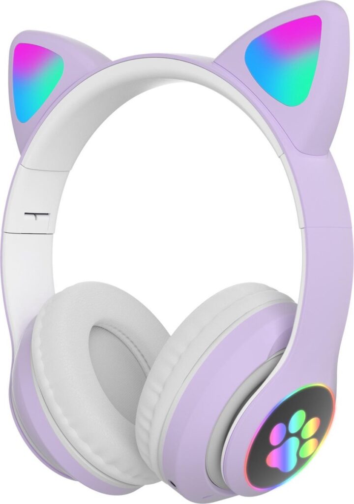 Kinder Hoofdtelefoon-Draadloze Koptelefoon-Kids Headset-Over Ear-Bluetooth-Microfoon-Katten Oortjes-Led Verlichting-Lila