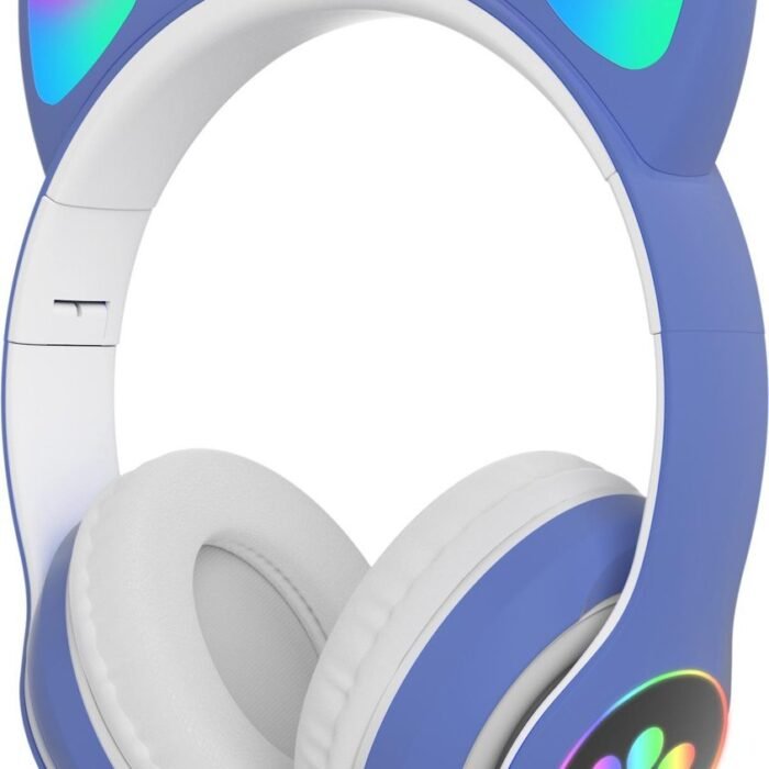 kinder hoofdtelefoon draadloos - Cat Headphone - Draadloze koptelefoon Bluetooth met led kattenoortjes blauw | Koptelefoon voor Kinderen - Met Led Kat Oortjes | met verlichting poot