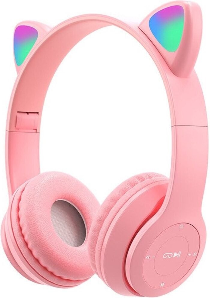 Kinder Hoofdtelefoon-Draadloze Koptelefoon-Kinder Headset-On Ear-Bluetooth-Microfoon-Katten Oorjtes-Led Verlichting-Licht Roze