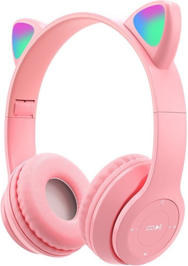 Kinder Hoofdtelefoon-Draadloze Koptelefoon-Kinder Headset-On Ear-Bluetooth-Microfoon-Katten Oorjtes-Led Verlichting-Licht Roze
