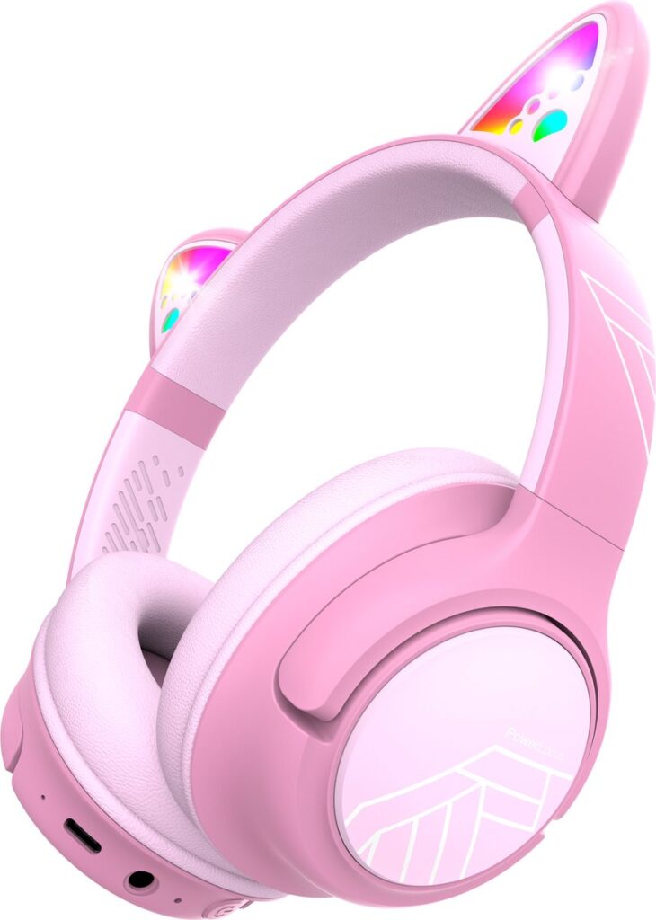 PowerLocus Bobo - Draadloze Koptelefoon voor Kinderen - Bluetooth koptelefoon - 74/85/94dB Volumebegrenzing - Katten Oortjes - Led Verlichting - Roze