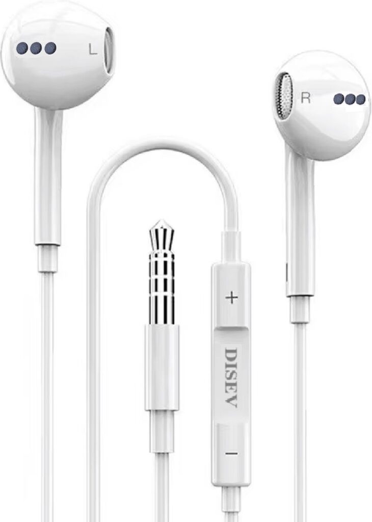 DISEV® - Oortjes met Draad - 3.5mm Jack Aansluiting - In-Ear Oordopjes met Draad - Oortjes met Draad en Microfoon - 1.20M kabel - Wit