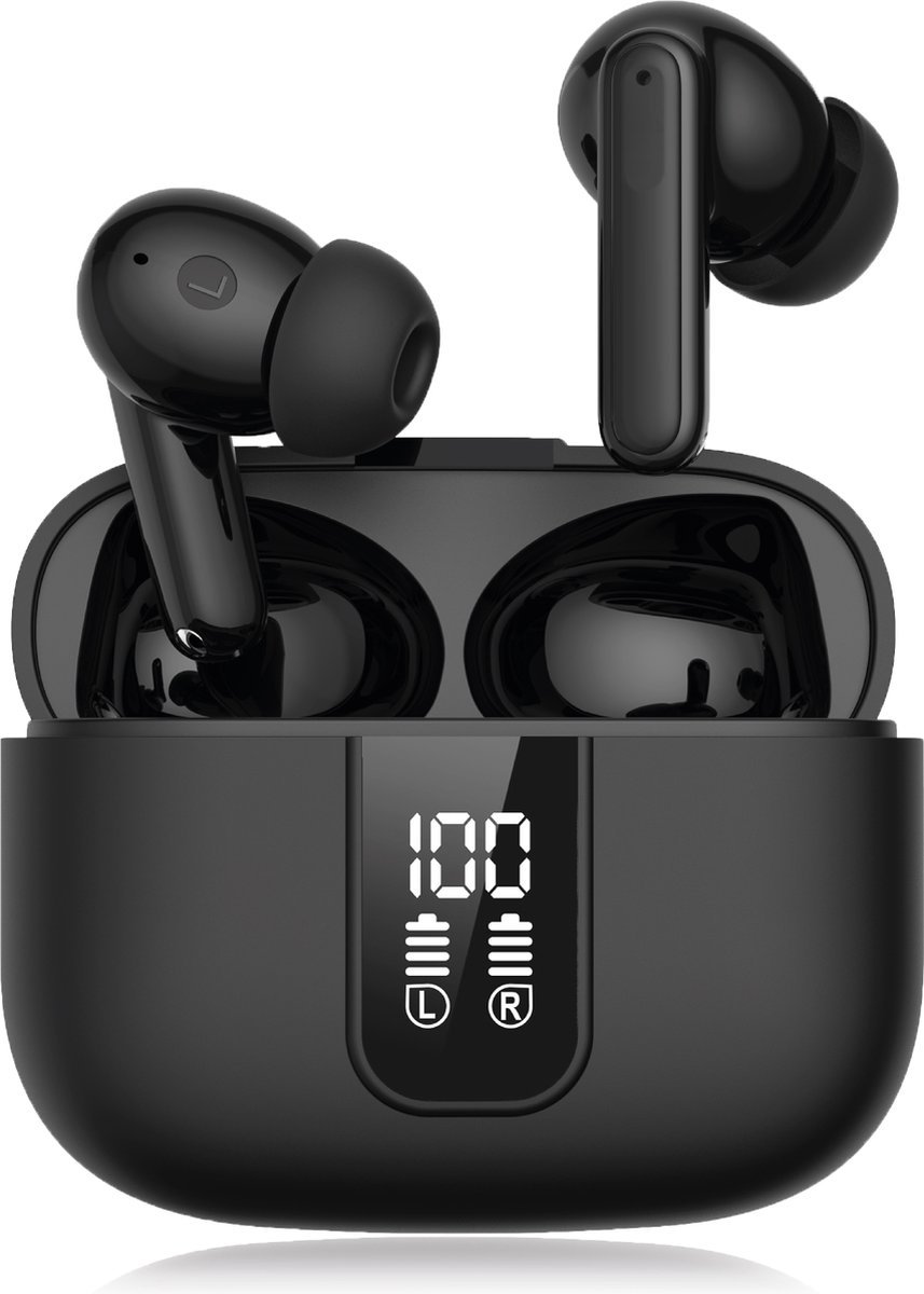 Nubex® Draadloze Oordopjes – Bluetooth Oordopjes – Oortjes draadloos – Oordopjes draadloos - Earpods geschikt - Draadloze oortjes bluetooth - Noise cancelling ANC+ENC - Universeel - BT 5.3 - Zwart