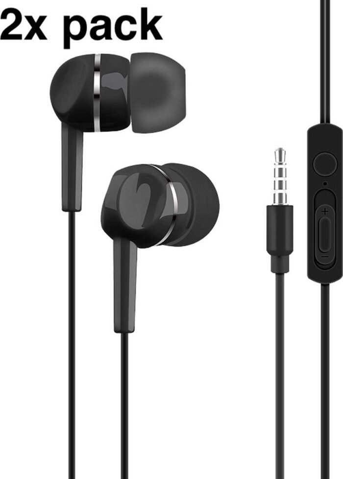 2x Bedrade oortjes - In Ear Oordopjes - Oortjes met Draad en Microfoon - Extra Bass - 3,5mm Jack Aansluiting - 120cm kabel - Zwart