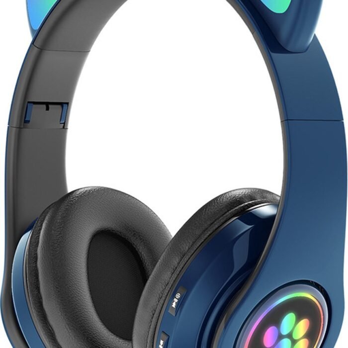 Kinder Hoofdtelefoon-Draadloze Koptelefoon-Kinder Headset-Over Ear-Bluetooth-Microfoon-Katten Oorjtes-Led Verlichting-Opbergzak-Blauw