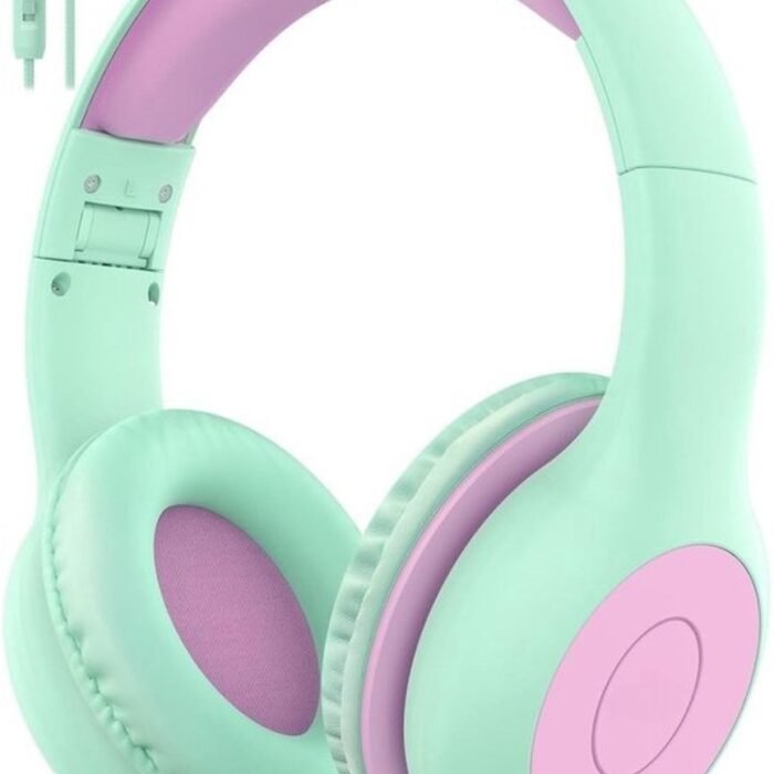 Intelectro Koptelefoon voor Kinderen - Veiligheid en Plezier in Eén! - Hoogwaardige Stereogeluid - Comfortabele Draagervaring - HD Microfoon - Volumeregeling - Brede Compatibiliteit en Audio Delen - Groen/Paars - Levering Sneller dan Aangegeven!