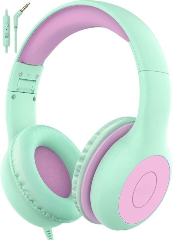 Intelectro Koptelefoon voor Kinderen - Veiligheid en Plezier in Eén! - Hoogwaardige Stereogeluid - Comfortabele Draagervaring - HD Microfoon - Volumeregeling - Brede Compatibiliteit en Audio Delen - Groen/Paars - Levering Sneller dan Aangegeven!