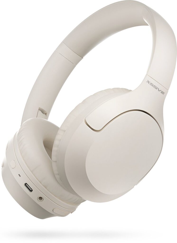 Draadloze Bluetooth Koptelefoon met Bass-Boost Functie - Bluetooth 5.3 - 60 Uur Batterij - Headset met Microfoon Noise Cancelling - Koptelefoon met draad modus - Equalizer App - Beige