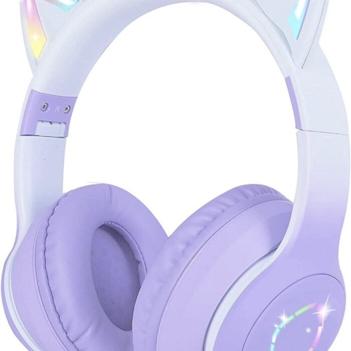 Kids Bluetooth Hoofdtelefoon, Cat Ear LED Light Kind Draadloze Hoofdtelefoon met Microfoon, Opvouwbare Bluetooth Stereo Over-Ear Kids Headsets voor Jongens Meisjes Volwassenen (paars)