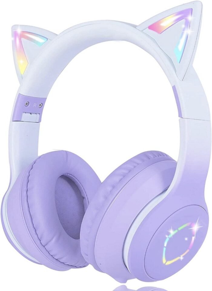 Kids Bluetooth Hoofdtelefoon, Cat Ear LED Light Kind Draadloze Hoofdtelefoon met Microfoon, Opvouwbare Bluetooth Stereo Over-Ear Kids Headsets voor Jongens Meisjes Volwassenen (paars)
