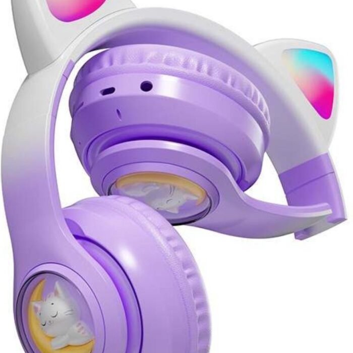 RyC Toys Kinder Hoofdtelefoon- paars |Draadloze Koptelefoon-Kids Headset-Over Ear-Bluetooth-Microfoon-Katten Oortjes-Led Verlichting