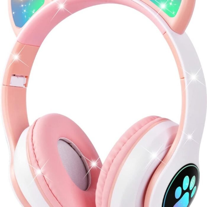 StayPowered Kinderkoptelefoon - Schattig Design met Kattenoren - Draadloos & Bedraad - LED-Licht - Veilige Volumebegrenzing - Verstelbaar & Opvouwbaar - Zachte Oorkussens - Lange Batterijduur - Microfoon - Roze - Levering Sneller dan Aangegeven!
