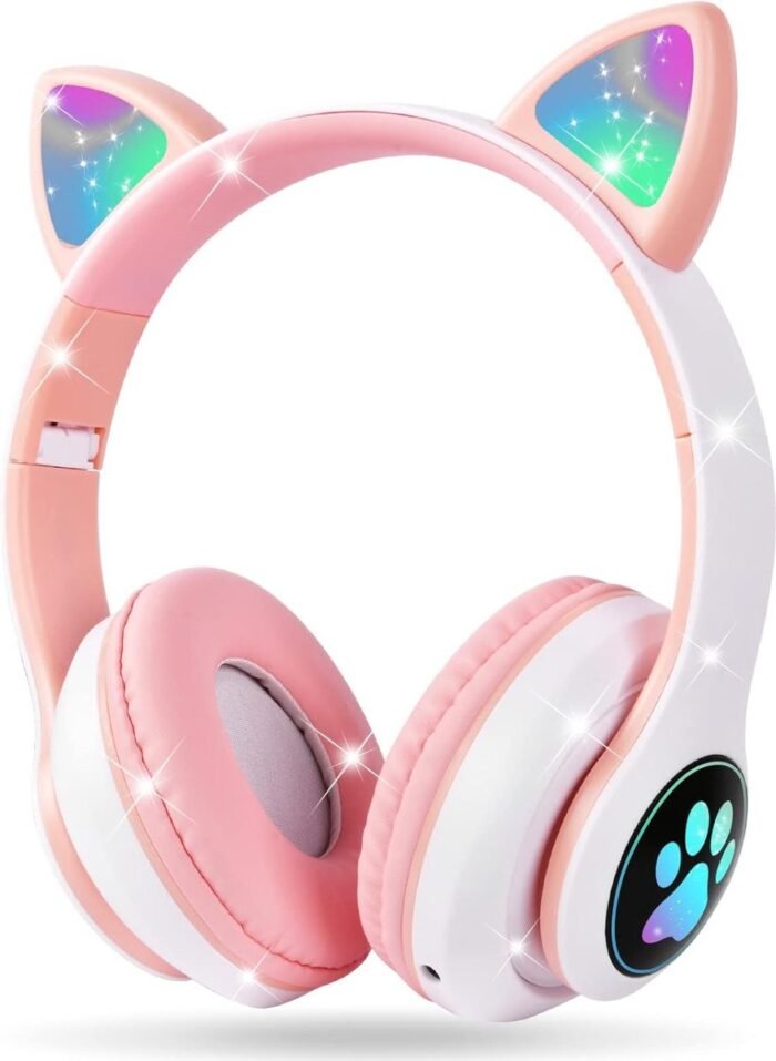 StayPowered Kinderkoptelefoon - Schattig Design met Kattenoren - Draadloos & Bedraad - LED-Licht - Veilige Volumebegrenzing - Verstelbaar & Opvouwbaar - Zachte Oorkussens - Lange Batterijduur - Microfoon - Roze - Levering Sneller dan Aangegeven!