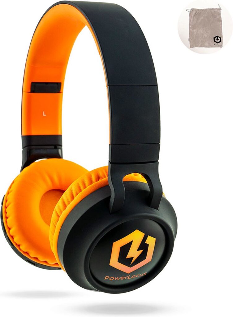 PowerLocus Buddy Draadloze On-Ear Koptelefoon voor Kinderen, LED lampjes, 85db Limiet, met Microfoon, Micro SD poort - Upgrade Zwart/Oranje