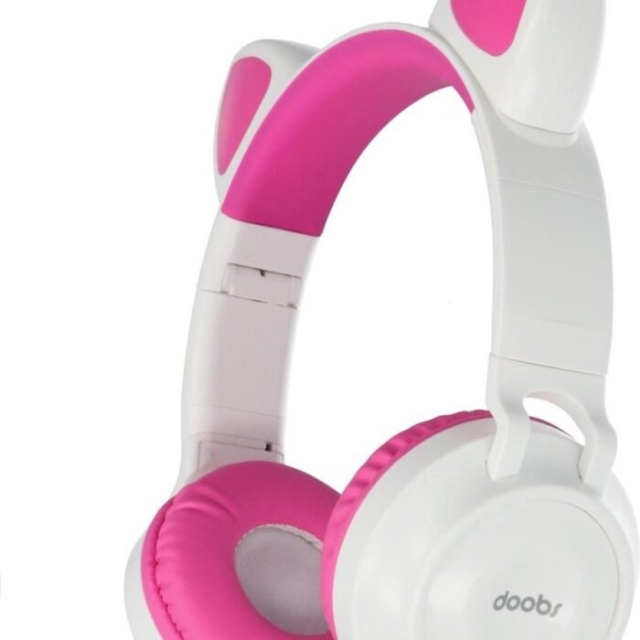 LuxeBass Kinder hoofdtelefoon - koptelefoon Bluetooth met led kattenoortjes miauw - wit-roze