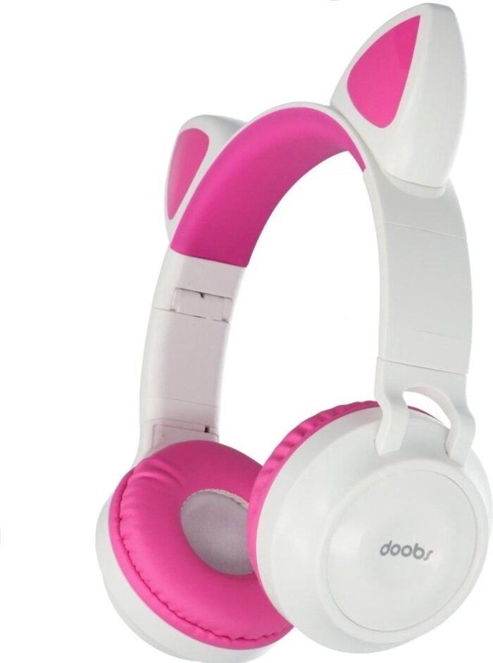 LuxeBass Kinder hoofdtelefoon - koptelefoon Bluetooth met led kattenoortjes miauw - wit-roze