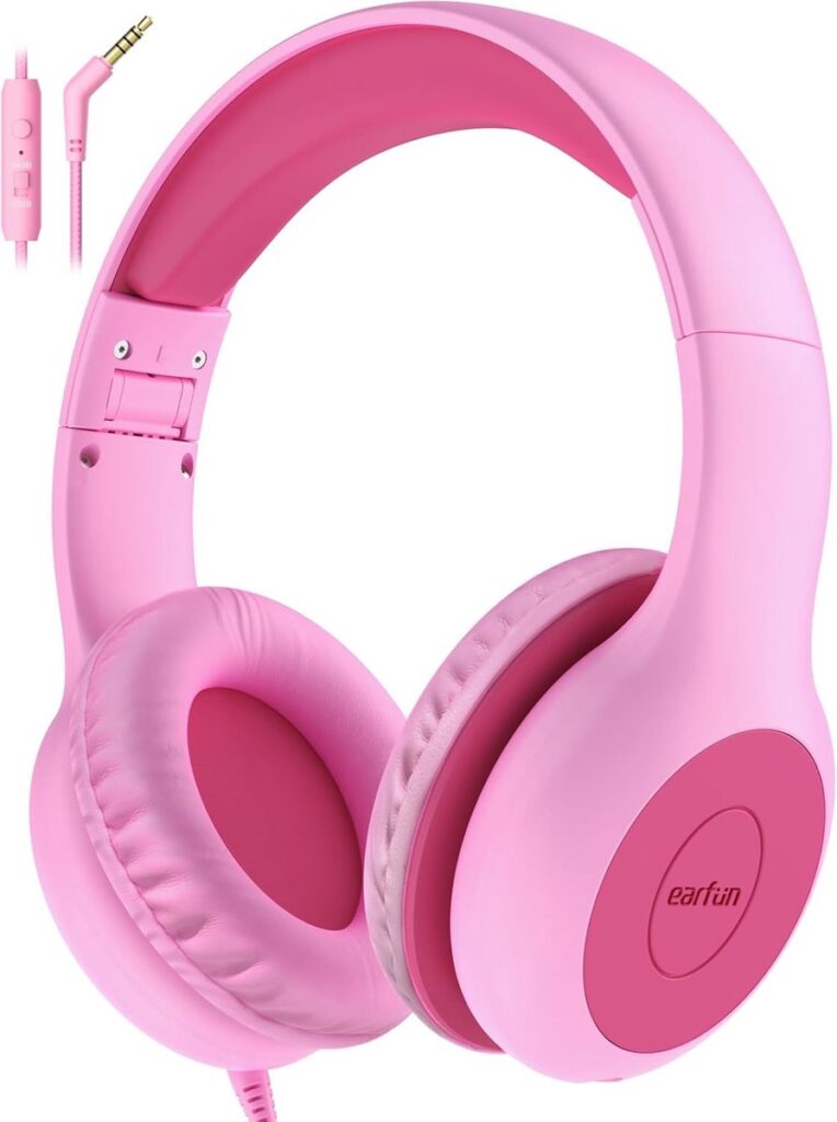 Intelectro Koptelefoon voor Kinderen - Veiligheid en Plezier in Eén! - Hoogwaardige Stereogeluid - Comfortabele Draagervaring - HD Microfoon - Volumeregeling - Brede Compatibiliteit en Audio Delen - Roze - Levering Sneller dan Aangegeven!