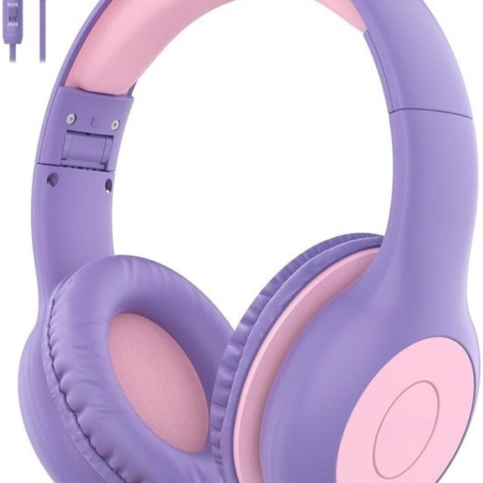 Intelectro Koptelefoon voor Kinderen - Veiligheid en Plezier in Eén! - Hoogwaardige Stereogeluid - Comfortabele Draagervaring - HD Microfoon - Volumeregeling - Brede Compatibiliteit en Audio Delen - Paars/Roze - Levering Sneller dan Aangegeven!