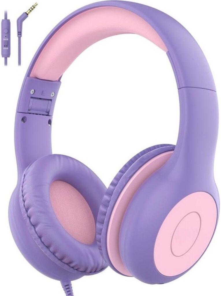 Intelectro Koptelefoon voor Kinderen - Veiligheid en Plezier in Eén! - Hoogwaardige Stereogeluid - Comfortabele Draagervaring - HD Microfoon - Volumeregeling - Brede Compatibiliteit en Audio Delen - Paars/Roze - Levering Sneller dan Aangegeven!
