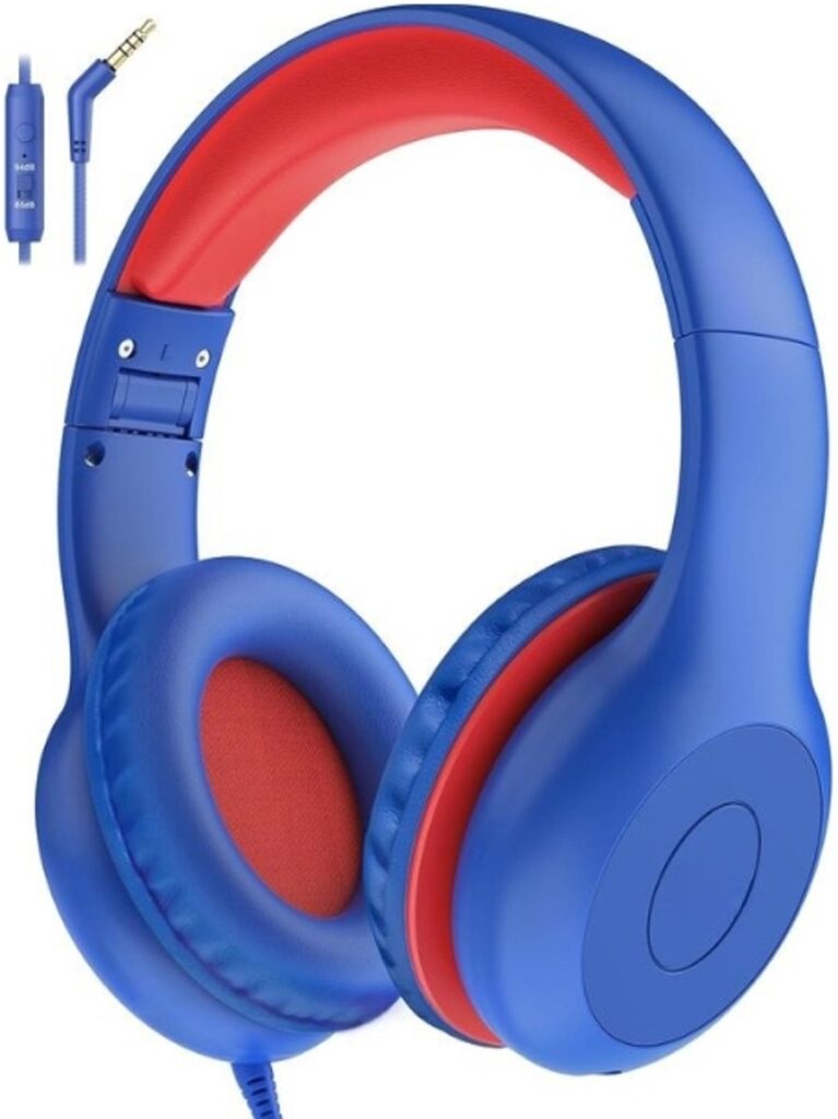 Intelectro Koptelefoon voor Kinderen - Veiligheid en Plezier in Eén! - Hoogwaardige Stereogeluid - Comfortabele Draagervaring - HD Microfoon - Volumeregeling - Brede Compatibiliteit en Audio Delen - Blauw/Rood - Levering Sneller dan Aangegeven!