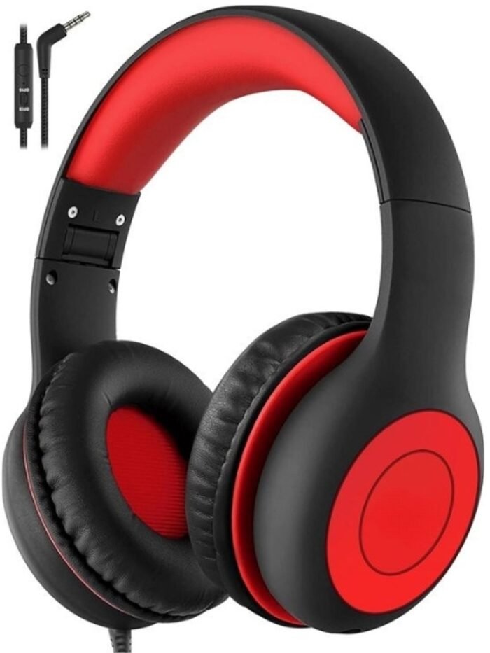 Intelectro Koptelefoon voor Kinderen - Veiligheid en Plezier in Eén! - Hoogwaardige Stereogeluid - Comfortabele Draagervaring - HD Microfoon - Volumeregeling - Brede Compatibiliteit en Audio Delen - Zwart/Rood - Levering Sneller dan Aangegeven!