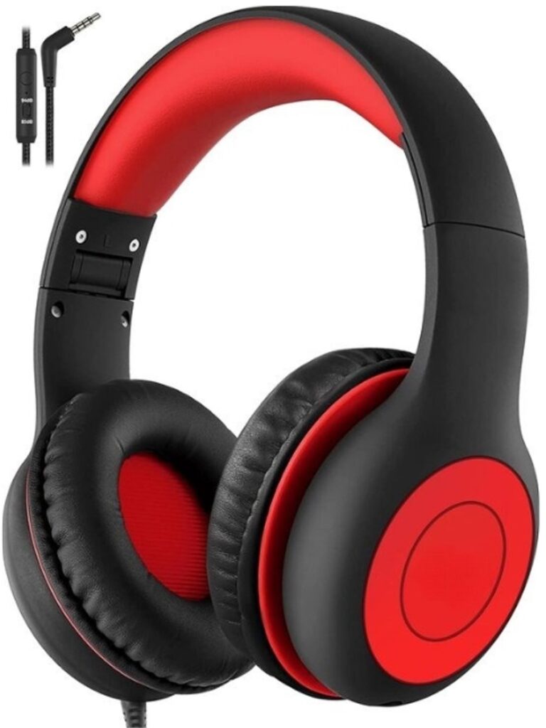 Intelectro Koptelefoon voor Kinderen - Veiligheid en Plezier in Eén! - Hoogwaardige Stereogeluid - Comfortabele Draagervaring - HD Microfoon - Volumeregeling - Brede Compatibiliteit en Audio Delen - Zwart/Rood - Levering Sneller dan Aangegeven!