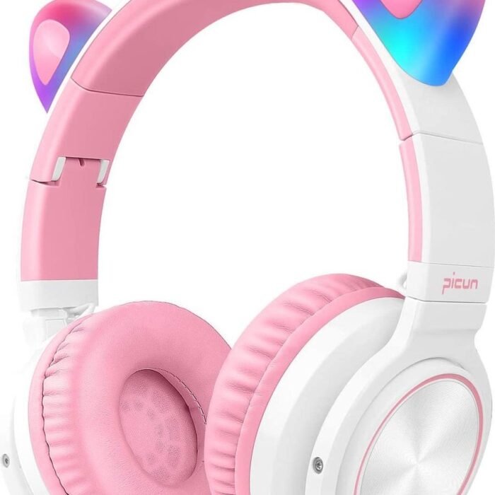 Picun lucky cat - Kinder koptelefoon – draadloze bluetooth koptelefoon – met led katten oortjes – met volume begrenzing - HD-microfoon - wit-roze