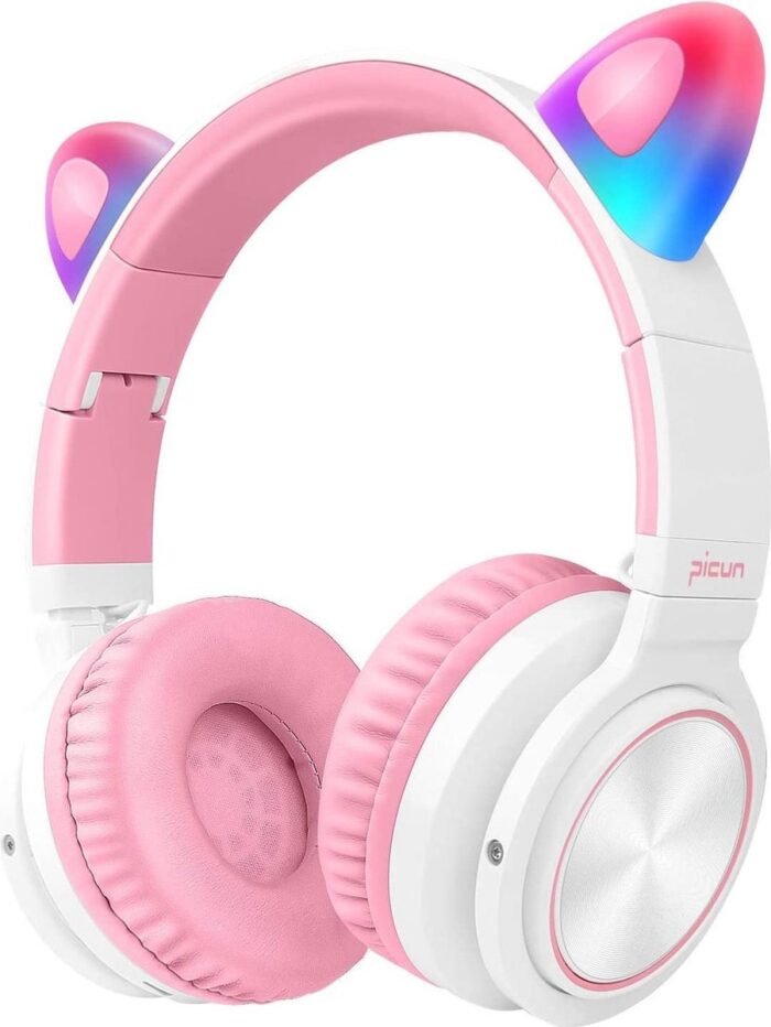 Picun lucky cat - Kinder koptelefoon – draadloze bluetooth koptelefoon – met led katten oortjes – met volume begrenzing - HD-microfoon - wit-roze