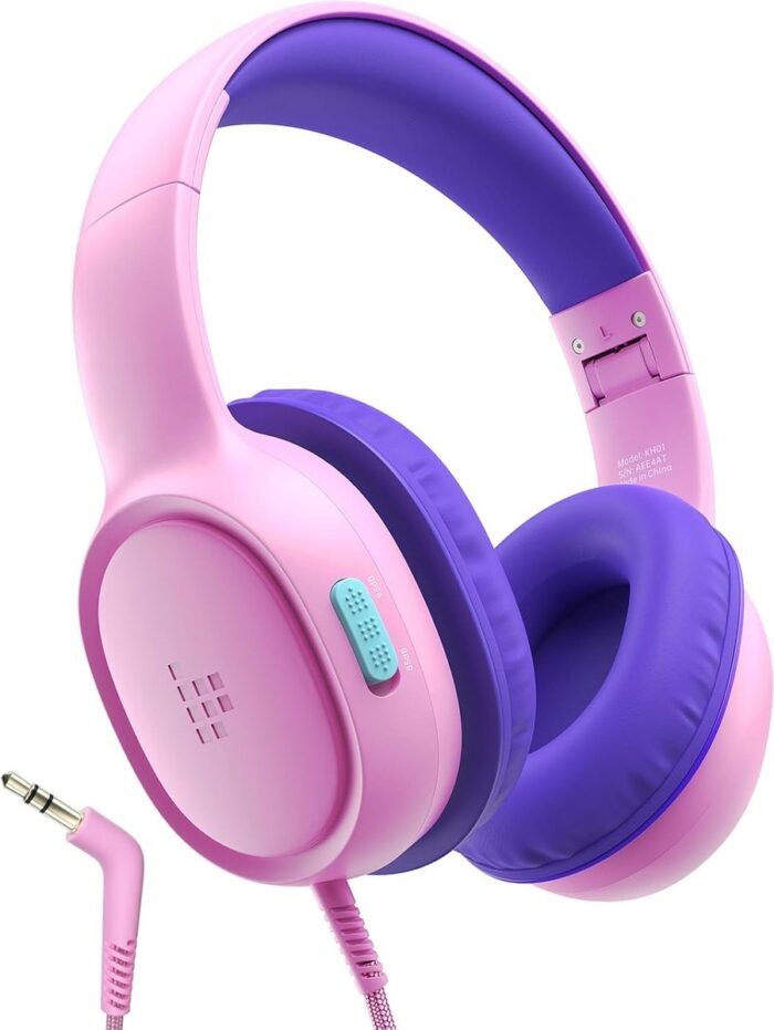 StayPowered Kinder Hoofdtelefoon - Veilig Geluid en Comfort voor Kinderen - Volumebegrenzing 85/93 dB - Opvouwbaar en Verstelbaar - Compatibel met Tablets en Smartphones - Nylon Snoer - Zacht Eiwitleer - Roze/Paars - Levering Sneller dan Aangegeven!