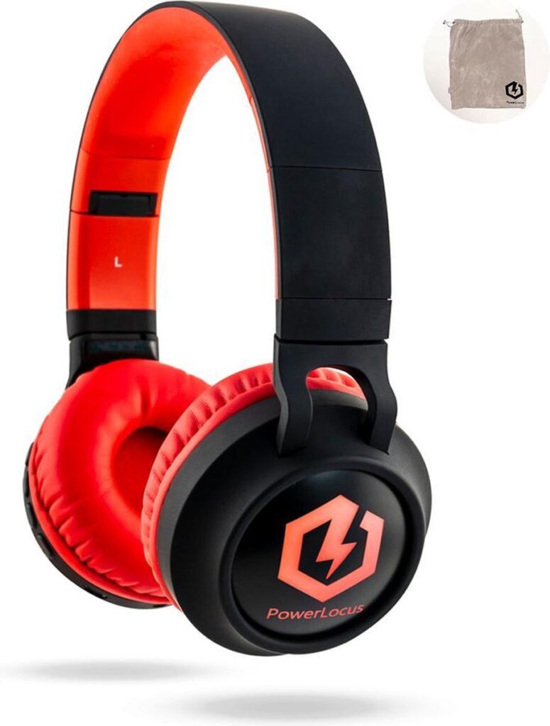 PowerLocus Buddy Draadloze On-Ear Koptelefoon voor Kinderen, LED lampjes, 85db Limiet, met Microfoon, Micro SD poort - Zwart/Rood