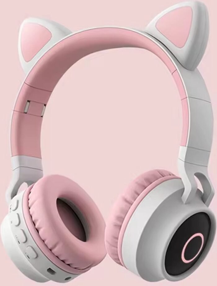 WizBay Premium Select® CAT Ear KIDS LED Headset met Microfoon - LED op de Buitenkant - HD Bluetooth Phone Call - Ingebouwde Microfoon - SD Card - Verstelbare Hoofdband - Soft Zuurstof doorlatend Ear Pads - Kleur Grijs Buitenkant Roze Binnenkant