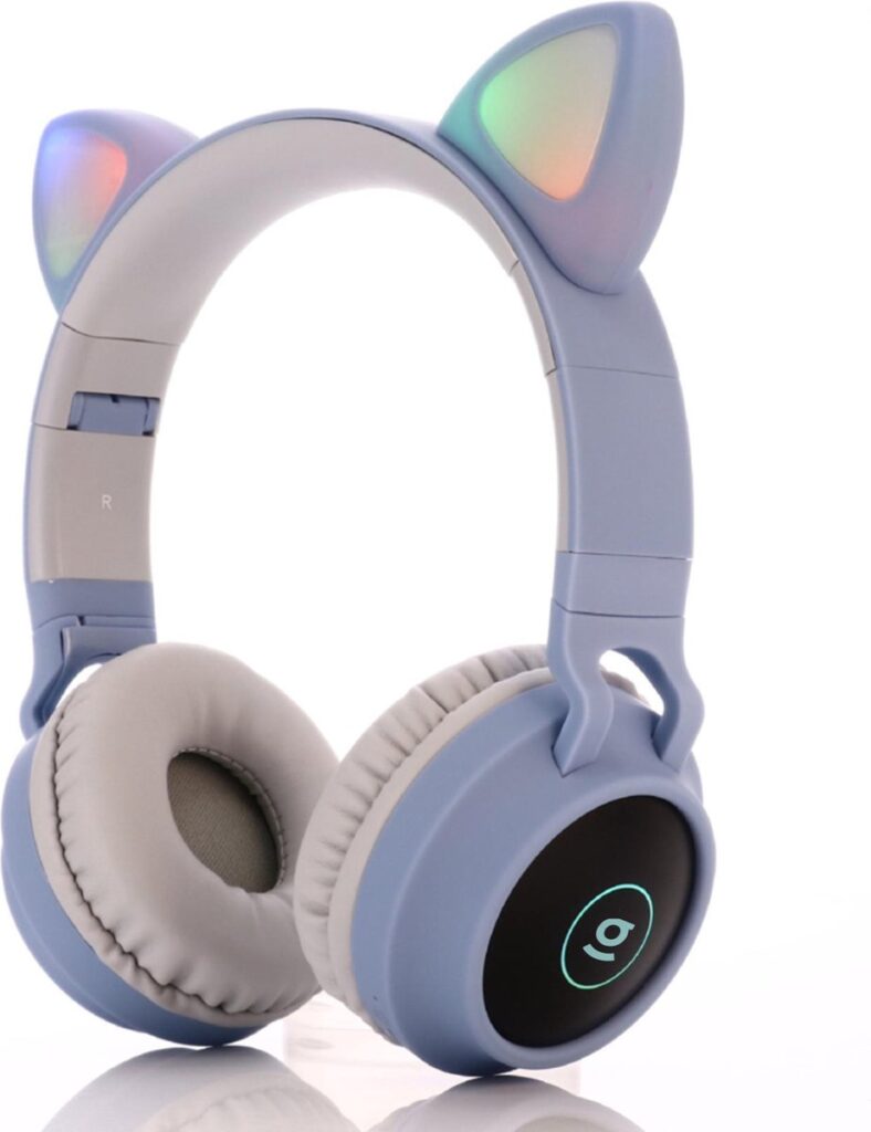 Kinder hoofdtelefoon - koptelefoon Bluetooth met led kattenoortjes licht blauw