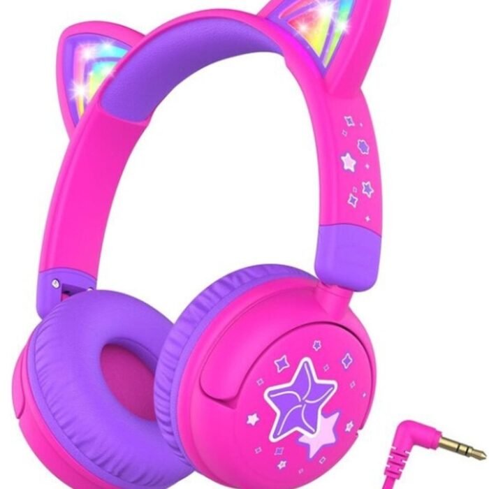 StayPowered Kinderheadset - Veilig, Stijlvol en Speels met Led-Verlichte Kattenoren! - Comfortabel en Verstelbaar - Compact Design - Inklapbaar - Zachte Oorkussens - 3.5mm Jack - Brede Compatibiliteit - Roze/Paars - Levering Sneller dan Aangegeven!