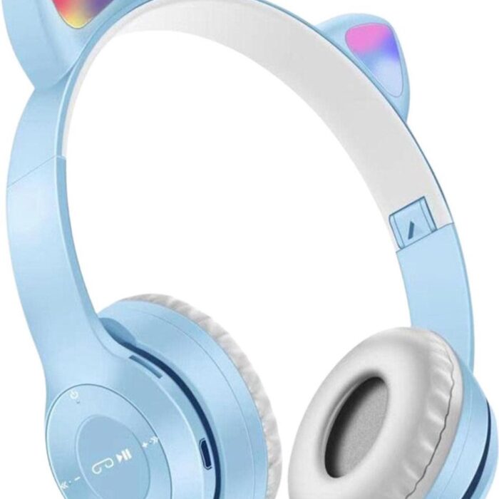 1+1 GRATIS ACTIE! XBOON© Koptelefoon met Katten Oortjes - Draadloze LED Verlichting - Lichtblauw - Kinder koptelefoon - Bluetooth - Snel Laad Functie