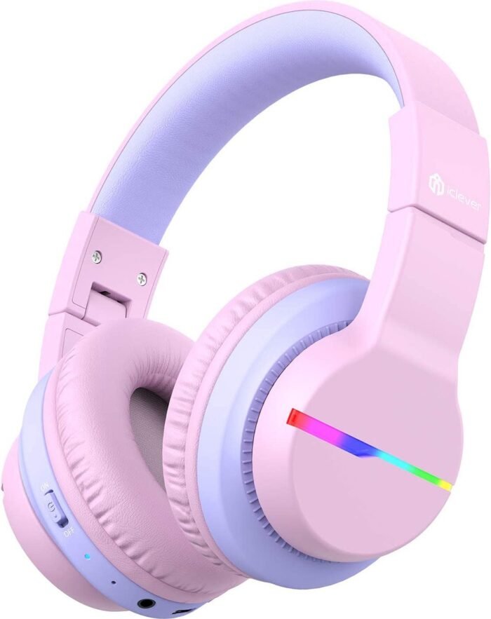 iClever - BTH12 - draadloze kinderkoptelefoon - volumebegrenzing - RGB led lights - microfoon - opvouwbaar (roze)
