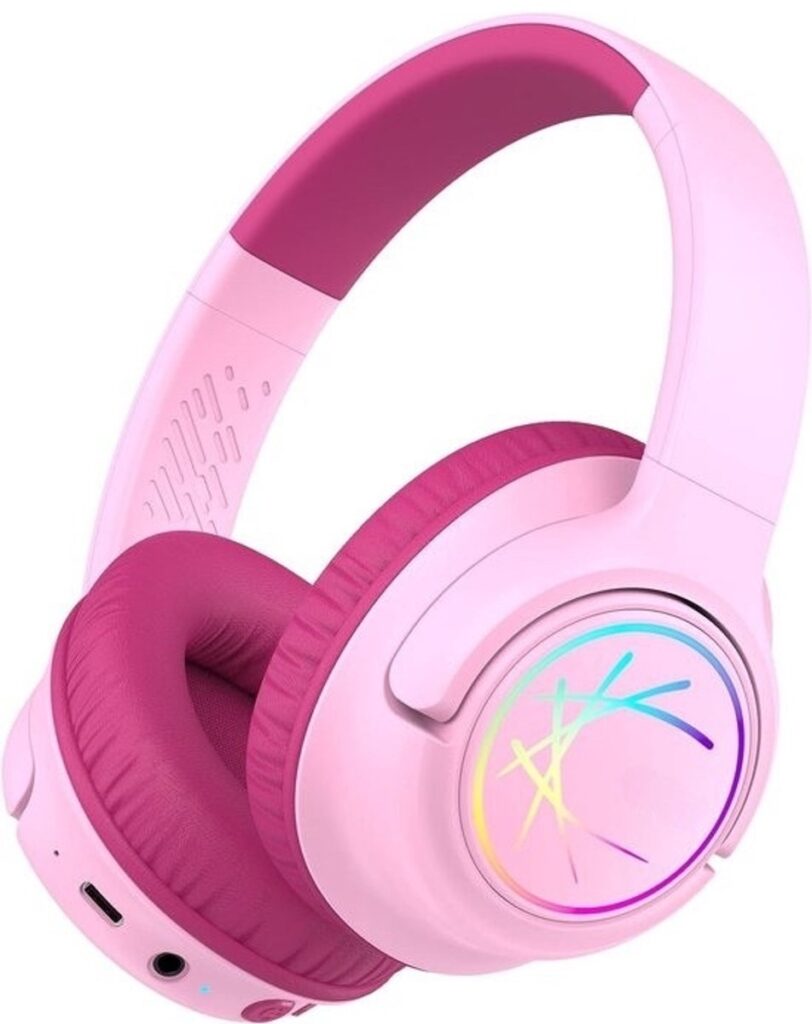 StayPowered Koptelefoon voor Kinderen - de Ultieme Kinderhoofdtelefoon met 43 Uur Speeltijd en Veilige Volumebegrenzing - Ingebouwde Verlichting - Opvouwbaar Ontwerp - USB C - Bedraad/Bluetooth - Roze - Levering Sneller dan Aangegeven!