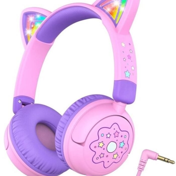 StayPowered Kinderheadset - Veilig, Stijlvol en Speels met Led-Verlichte Kattenoren! - Comfortabel en Verstelbaar - Compact Design - Inklapbaar - Zachte Oorkussens - 3.5mm Jack - Brede Compatibiliteit - Roze/Paars - Levering Sneller dan Aangegeven!