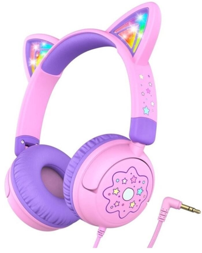 StayPowered Kinderheadset - Veilig, Stijlvol en Speels met Led-Verlichte Kattenoren! - Comfortabel en Verstelbaar - Compact Design - Inklapbaar - Zachte Oorkussens - 3.5mm Jack - Brede Compatibiliteit - Roze/Paars - Levering Sneller dan Aangegeven!