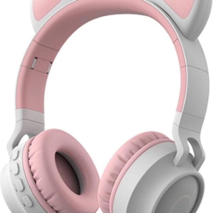 Kinder hoofdtelefoon - koptelefoon Bluetooth met led katoortjes licht grijs - roze