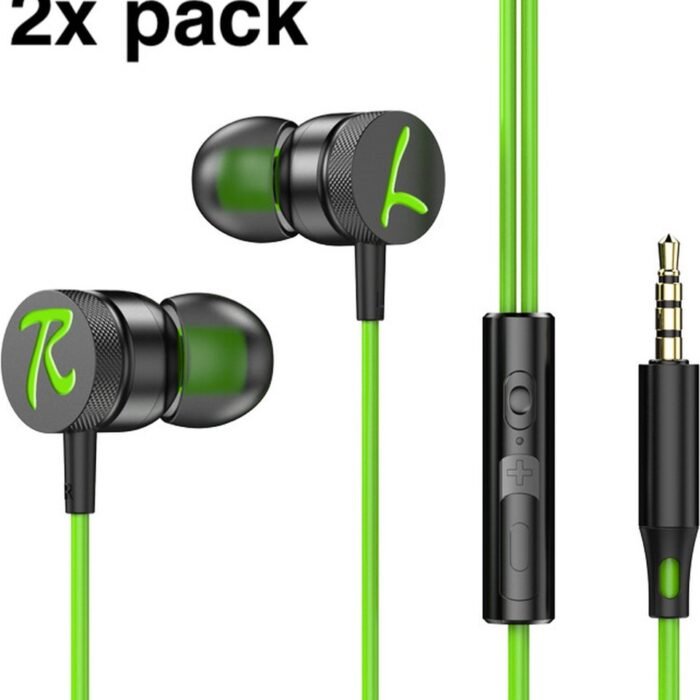 2x Bedrade oortjes - In Ear Oordopjes - Oortjes met Draad en Microfoon - Extra Bass - 3,5mm Jack Aansluiting - 120cm kabel - Groen
