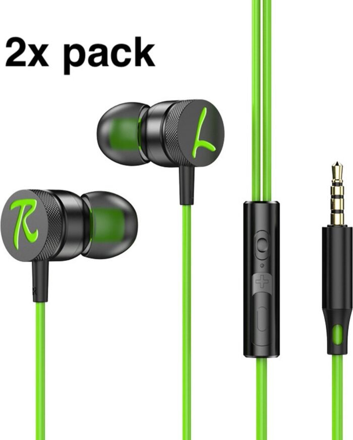 2x Bedrade oortjes - In Ear Oordopjes - Oortjes met Draad en Microfoon - Extra Bass - 3,5mm Jack Aansluiting - 120cm kabel - Groen