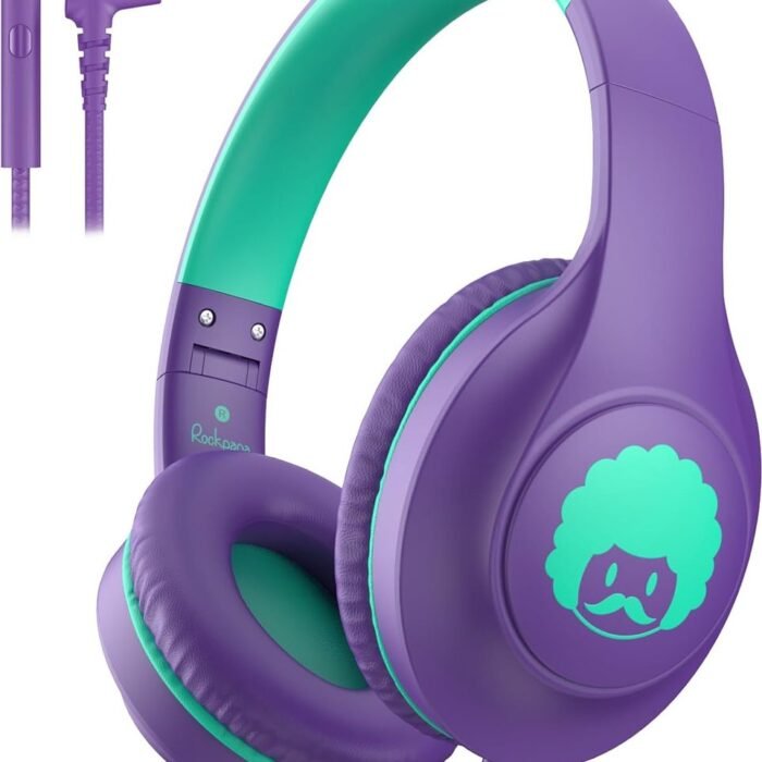 StayPowered Kinder Koptelefoon - Comfortabel en Duurzaam Ontwerp - HD Microfoon - Opvouwbaar Ontwerp - Rijke Stereo Bass - Verwikkelingvrij Nylon Kabel - Verstelbare Pasvorm - Universele 3,5 mm Jack - Paars/Groen - Levering Sneller dan Aangegeven!