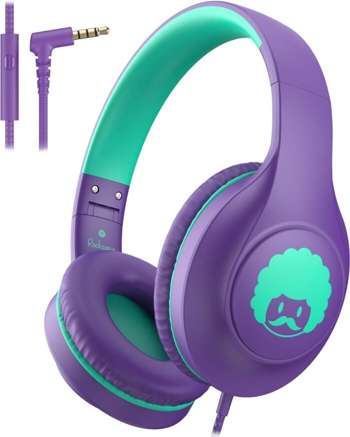 StayPowered Kinder Koptelefoon - Comfortabel en Duurzaam Ontwerp - HD Microfoon - Opvouwbaar Ontwerp - Rijke Stereo Bass - Verwikkelingvrij Nylon Kabel - Verstelbare Pasvorm - Universele 3,5 mm Jack - Paars/Groen - Levering Sneller dan Aangegeven!