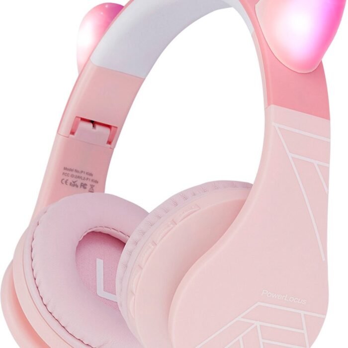 PowerLocus P1 Kids Kinder Koptelefoon Draadloos - Koptelefoon voor kinderen met LED Verlichting - Veilig volume van 85 dB - Bluetooth Hoofdtelefoon - Met microfoon - incl. Premium Case - Roze