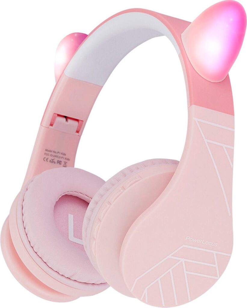 PowerLocus P1 Kids Kinder Koptelefoon Draadloos - Koptelefoon voor kinderen met LED Verlichting - Veilig volume van 85 dB - Bluetooth Hoofdtelefoon - Met microfoon - incl. Premium Case - Roze